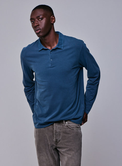 Blaues Poloshirt Langärmeliges Poloshirt aus Baumwolle / Elasthan - MAJESTIC FILATURES
