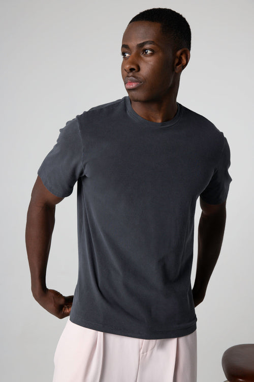 T-Shirt mit Rundhalsausschnitt und kurzen Ärmeln aus Bio-Baumwolle / Elasthan in Schwarz - MAJESTIC FILATURES