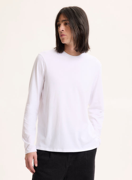 White Henry Round Neck Long Sleeve T-shirt in Organic Cotton and Elastane - MAJESTIC FILATURES