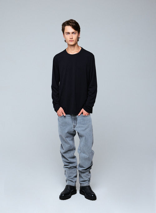 T-shirt Noir Henry Col Rond Manches Longues en Coton organique et Elasthanne - MAJESTIC FILATURES