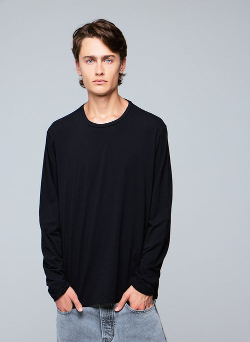 T-shirt Noir Henry Col Rond Manches Longues en Coton organique et Elasthanne - MAJESTIC FILATURES