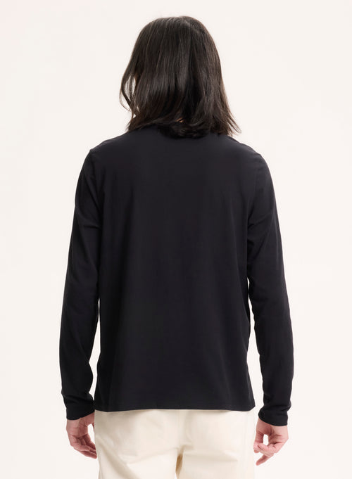 Black Henry Round Neck Long Sleeve T-shirt in Organic Cotton and Elastane - MAJESTIC FILATURES