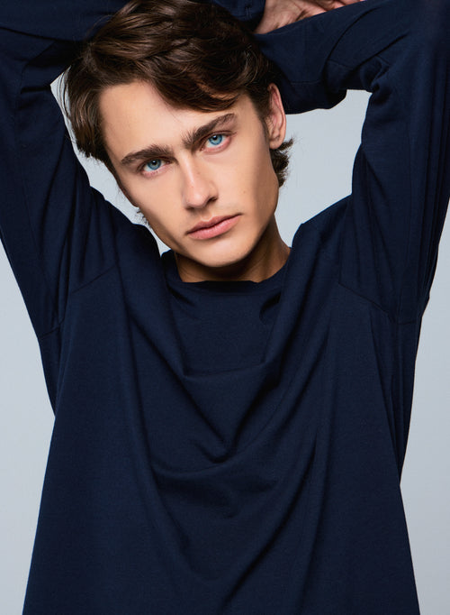 Navy blue Henry Long Sleeve Round Neck T-Shirt in Organic Cotton and Elastane - MAJESTIC FILATURES