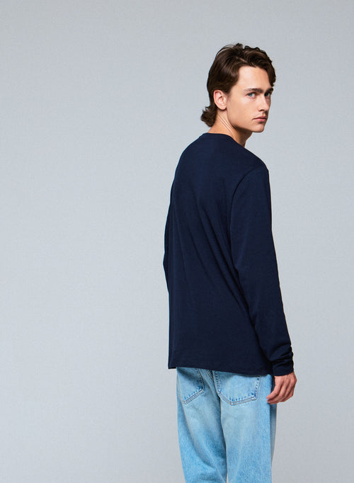 Navy blue Henry Long Sleeve Round Neck T-Shirt in Organic Cotton and Elastane - MAJESTIC FILATURES
