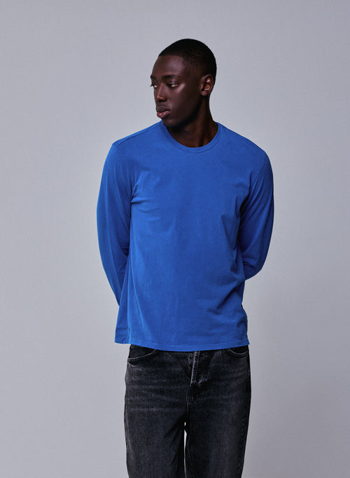T-shirt Bleu Col Rond Manches Longues en Coton organique / Elasthanne - MAJESTIC FILATURES