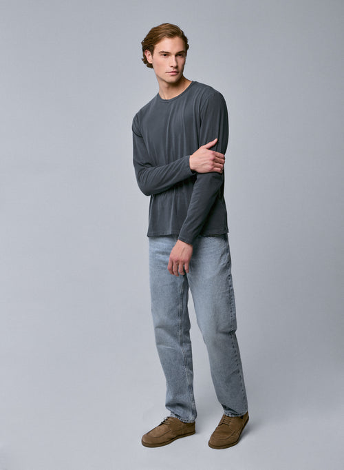 Camiseta gris de manga larga con cuello redondo en algodón orgánico / elastano - MAJESTIC FILATURES