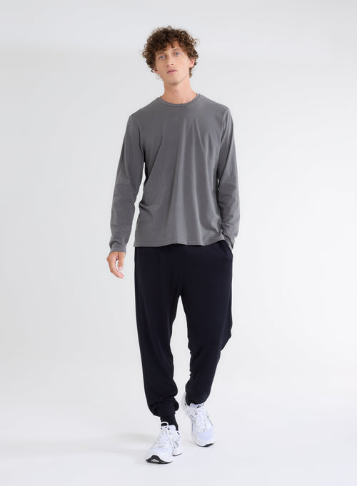 Grey Long Sleeve Crew Neck T-Shirt in Organic Cotton and Elastane - MAJESTIC FILATURES