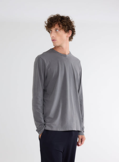 Grey Long Sleeve Crew Neck T-Shirt in Organic Cotton and Elastane - MAJESTIC FILATURES