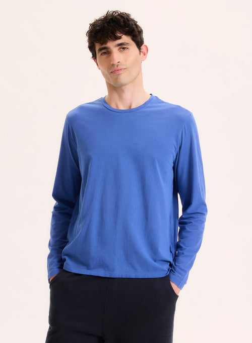 Blue Round Neck Long Sleeve T-shirt in Organic Cotton Elastane