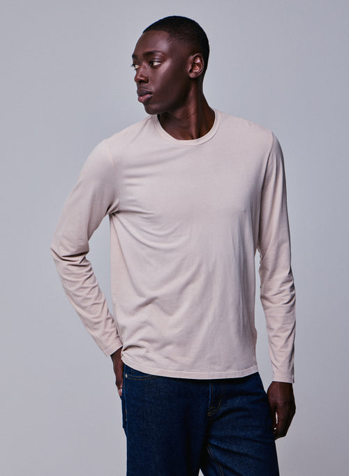 Camiseta de manga larga con cuello redondo beige en algodón orgánico / elastano - MAJESTIC FILATURES