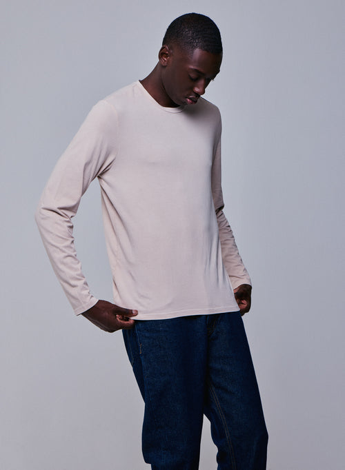 Camiseta de manga larga con cuello redondo beige en algodón orgánico / elastano - MAJESTIC FILATURES