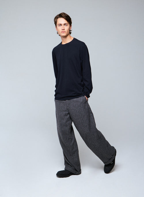 Schwarzes Langarm-T-Shirt mit Rundhalsausschnitt aus Bio-Baumwolle / Elasthan - MAJESTIC FILATURES