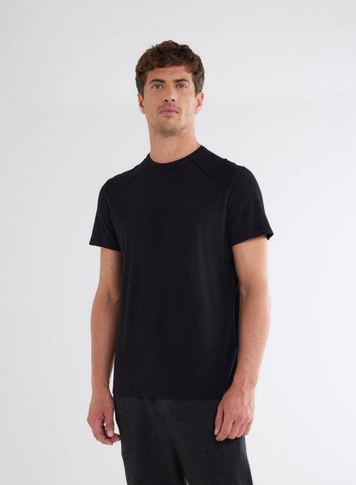 Black Short Sleeve Crew Neck T-Shirt in Organic Cotton and Elastane - MAJESTIC FILATURES