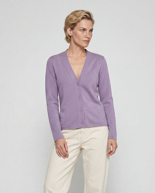 Gilet Violet Clair Col V Manches Longues en Cachemire - MAJESTIC FILATURES