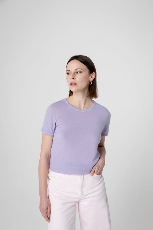 T-shirt Violet Clair Col Rond Manches Courtes en Cachemire - MAJESTIC FILATURES