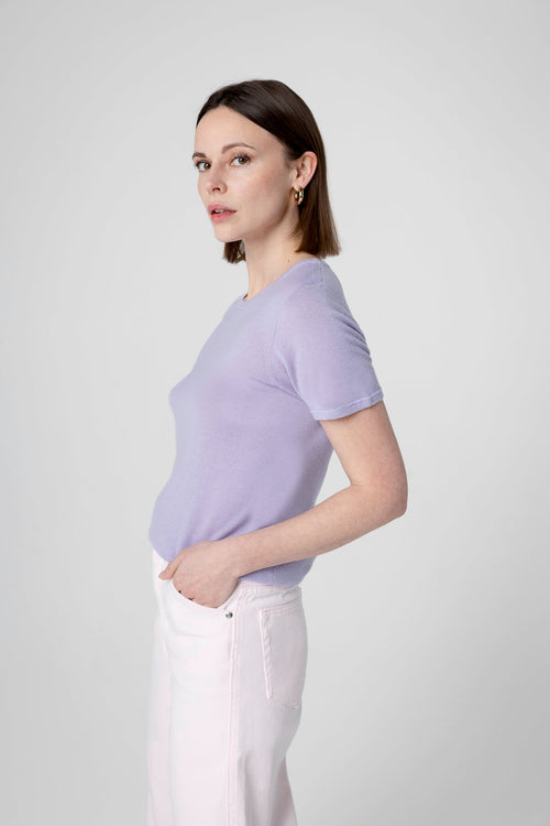 Light Purple Round Neck Short Sleeve Cashmere T-Shirt - MAJESTIC FILATURES