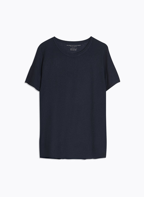 Navy Round Neck Short Sleeve T-Shirt 100% Cashmere - MAJESTIC FILATURES