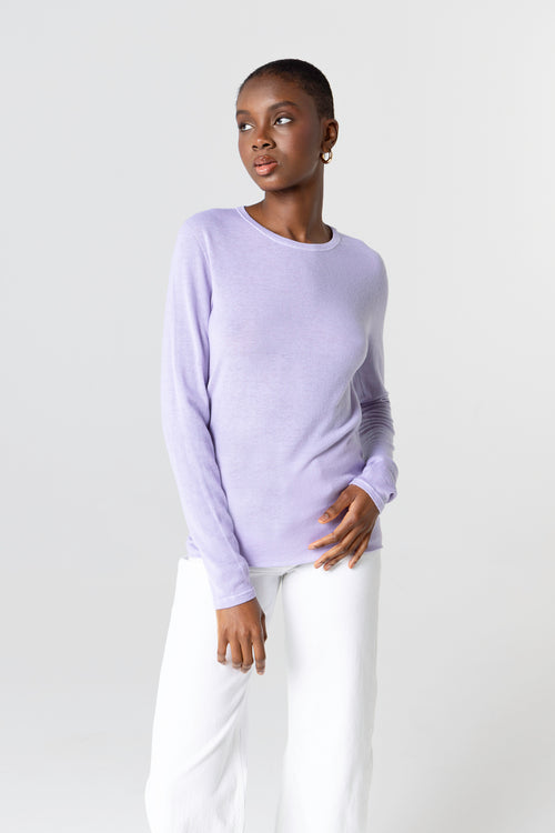 T-shirt Violet Clair Col Rond Manches Longues en Cachemire - MAJESTIC FILATURES