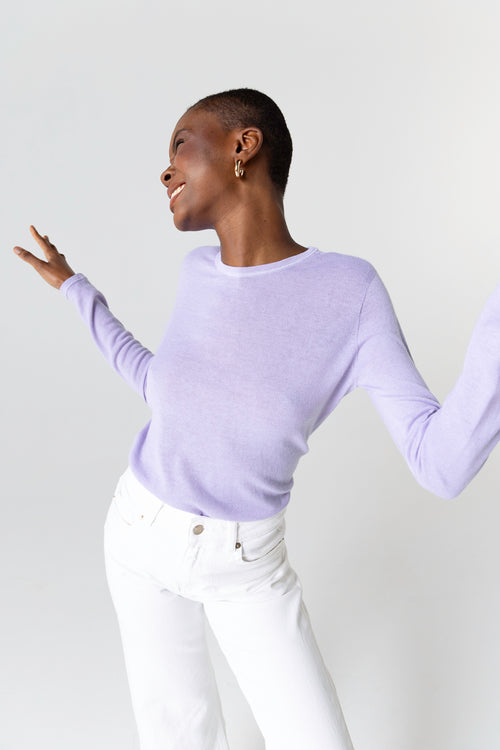 Light Purple Round-Neck Long-Sleeve Cashmere T-shirt - MAJESTIC FILATURES