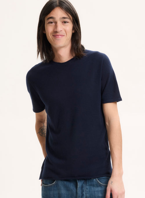 Navy Short Sleeve Round Neck T-Shirt in 100% Cashmere - MAJESTIC FILATURES