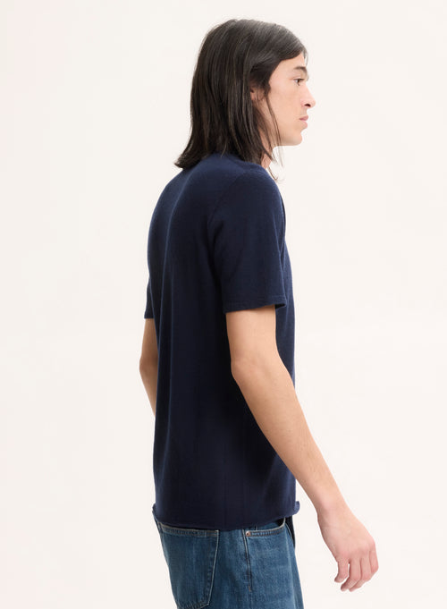 Navy Short Sleeve Round Neck T-Shirt in 100% Cashmere - MAJESTIC FILATURES