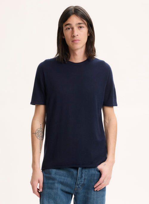 Navy Short Sleeve Round Neck T-Shirt in 100% Cashmere - MAJESTIC FILATURES