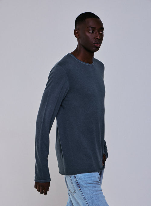 Grey Round Neck Long Sleeve Cashmere T-Shirt - MAJESTIC FILATURES