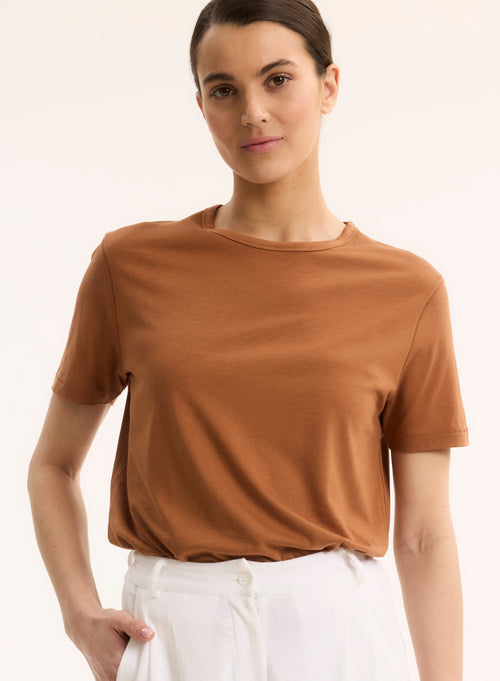 Tee shirt Marron Col Rond Manches Courtes - MAJESTIC FILATURES