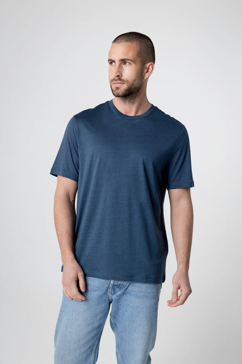 T-shirt bleu foncé Col Rond Manches Courtes en Lyocel, Tencel / Coton organique - MAJESTIC FILATURES
