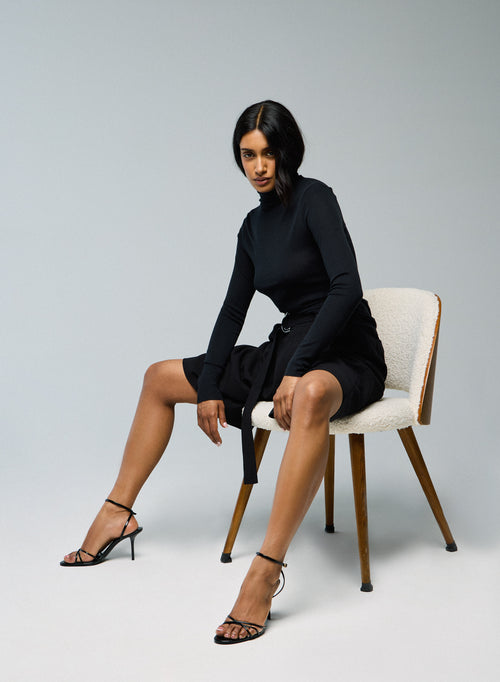 T-shirt Noir Col Roulé Manches Longues en Lyocel / Tencel / Coton - MAJESTIC FILATURES