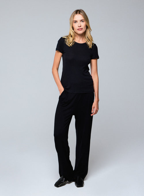 Black Round Neck Short Sleeves T-shirt in Lyocel / Tencel / Cotton - MAJESTIC FILATURES