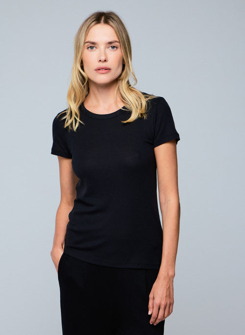 Black Round Neck Short Sleeves T-shirt in Lyocel / Tencel / Cotton - MAJESTIC FILATURES