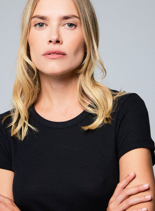 Black Round Neck Short Sleeves T-shirt in Lyocel / Tencel / Cotton - MAJESTIC FILATURES