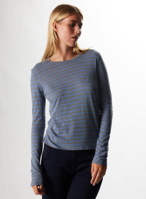 "Cotton / Cashmere Striped Long Sleeve Round Neck T-Shirt" - MAJESTIC FILATURES