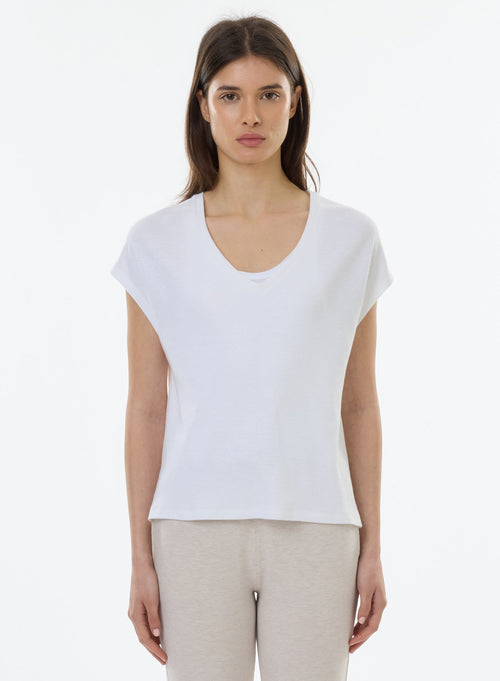 Tee shirt Blanc Manches Courtes Col V en Lin / Coton organique - MAJESTIC FILATURES