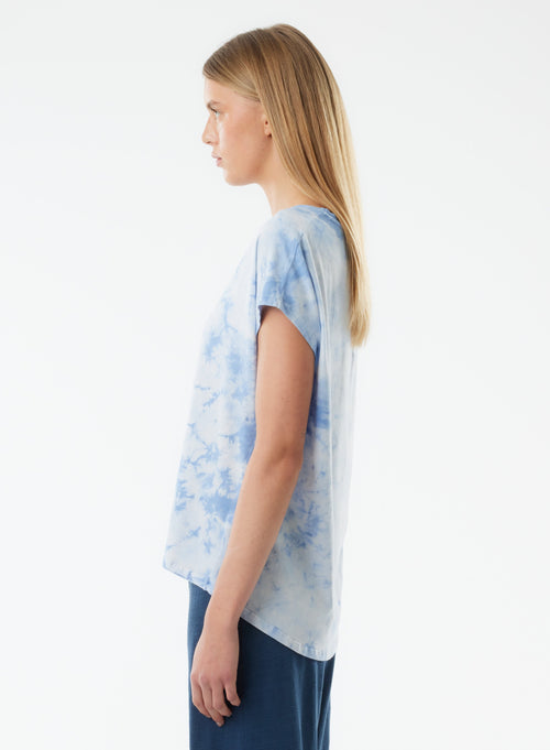 Tee shirt Bleu Manches Courtes Col V en Coton organique / Elasthanne - MAJESTIC FILATURES