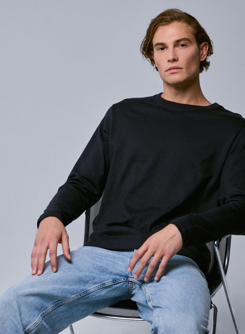 T-shirt Marine Col Rond Manches Longues en Coton organique - MAJESTIC FILATURES