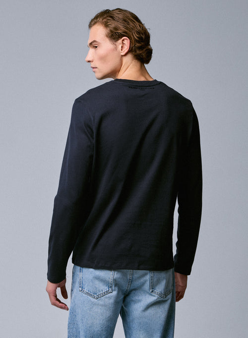 Navy T-shirt Round Neck Long Sleeve in Organic Cotton - MAJESTIC FILATURES
