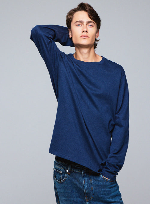 T-shirt Bleu Col Rond Manches Longues en Coton organique - MAJESTIC FILATURES