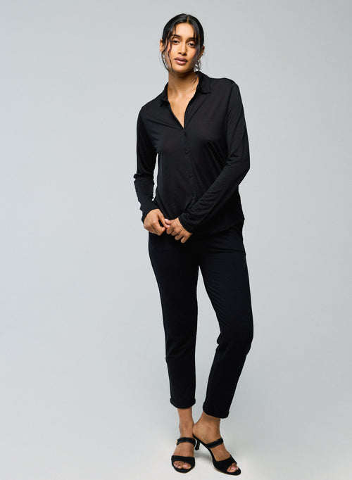 Camisa negra de manga larga en Lyocel / Lana virgen - MAJESTIC FILATURES