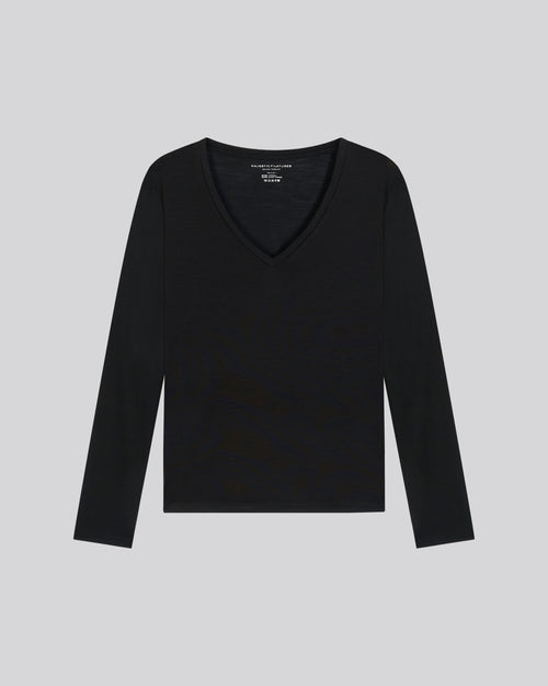 Camiseta negra de manga larga con cuello de pico en Lyocel / Lana virgen - MAJESTIC FILATURES