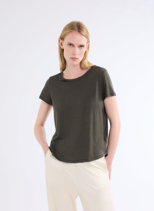 T-shirt Vert Col Rond Manches Courtes en Lyocell et Laine - MAJESTIC FILATURES