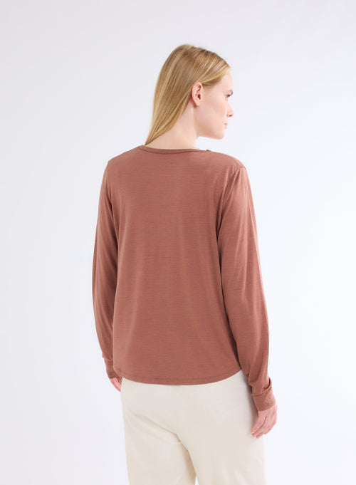 T-shirt Marron Col V Manches Longues en Lyocell et Laine - MAJESTIC FILATURES