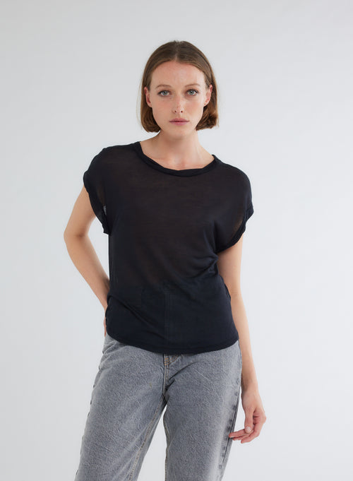 T-shirt Noir Col Rond sans manches en Micro Modal et Cachemire - MAJESTIC FILATURES