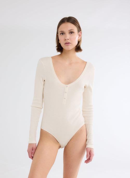 White U-Neck Long Sleeve Organic Cotton Body - MAJESTIC FILATURES