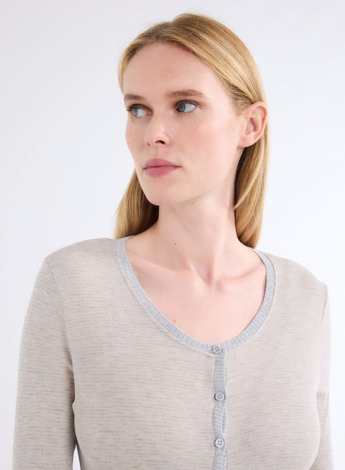 T-shirt Gris / Beige Col U Manches Longues en Viscose - MAJESTIC FILATURES