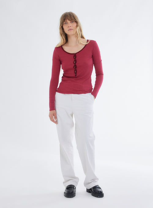 Red U-Neck Long Sleeve Viscose T-Shirt - MAJESTIC FILATURES