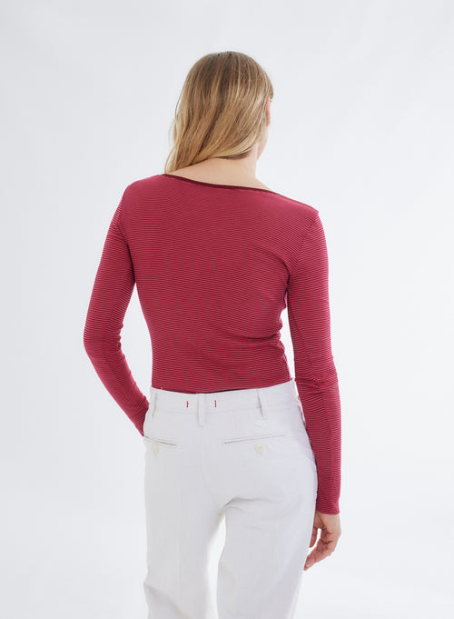 Red U-Neck Long Sleeve Viscose T-Shirt - MAJESTIC FILATURES