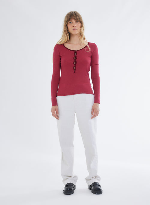 Red U-Neck Long Sleeve Viscose T-Shirt - MAJESTIC FILATURES