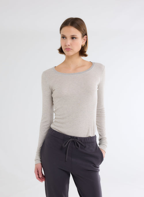 T-shirt Gris / Beige Col U Manches Longues en Viscose - MAJESTIC FILATURES